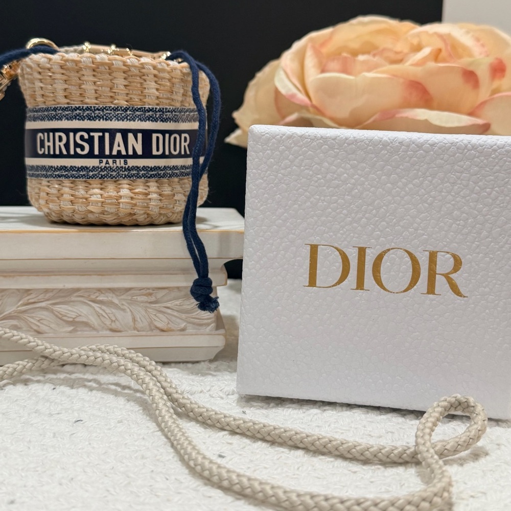 Dior Beige & Navy Mini Wicker Bucket Bag